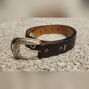 Ariat $75 Horseshoe Western Cowgirl Leather Belt Size 26 (70cm) Brown Silver